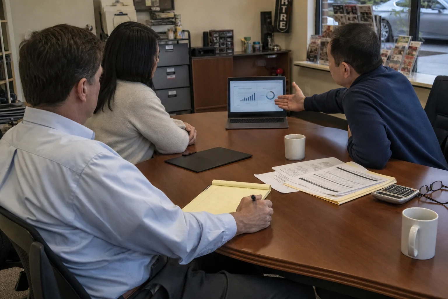 Agent in a light blue shirt takes notes on a legal pad as a man and woman review charts on a laptop at a wooden conference table in a storefront office