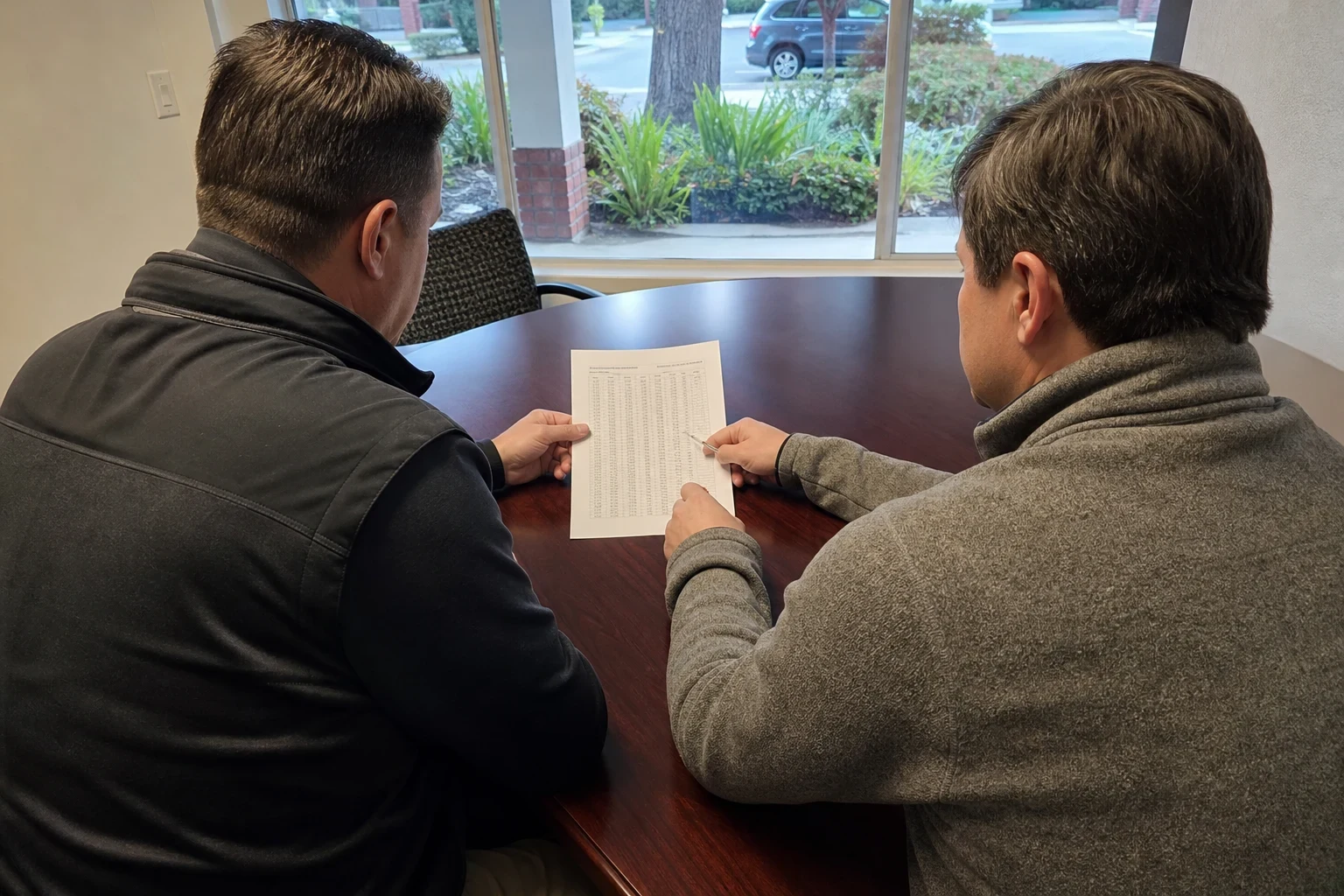 Two men seen from behind at a round wood conference table reviewing a printed page of figures, with a window looking out on shrubs and a parked van