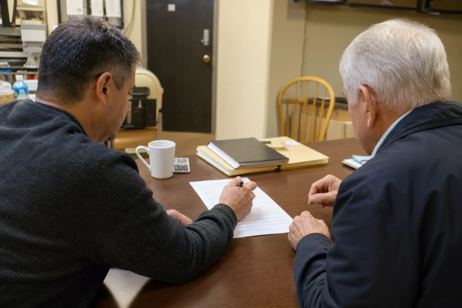 Two men seen from behind at a wooden table in a small back office, one pointing with a pen at a short form while an older white-haired man reviews it beside folders and a mug