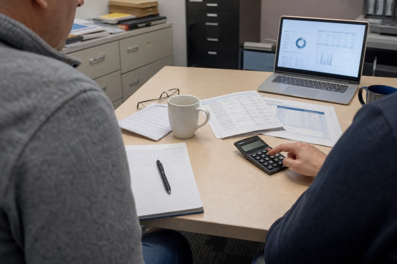 Two people at an office desk reviewing printed statements, one tapping a calculator beside a notepad, coffee mug, reading glasses and a laptop showing charts.