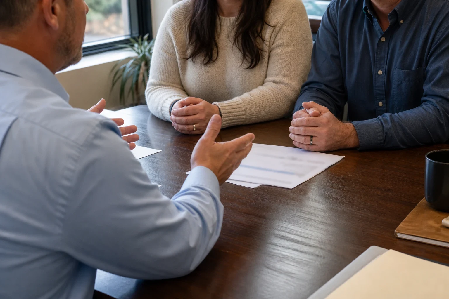 Agent in a light blue shirt gestures while talking with a couple seated across a dark wooden office desk with papers, a mug and a window with a plant behind