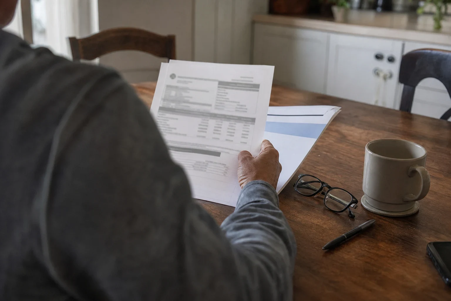 Over-the-shoulder view of a person at a wooden kitchen table holding a printed statement, with another document, reading glasses, a pen, a mug and a phone nearby