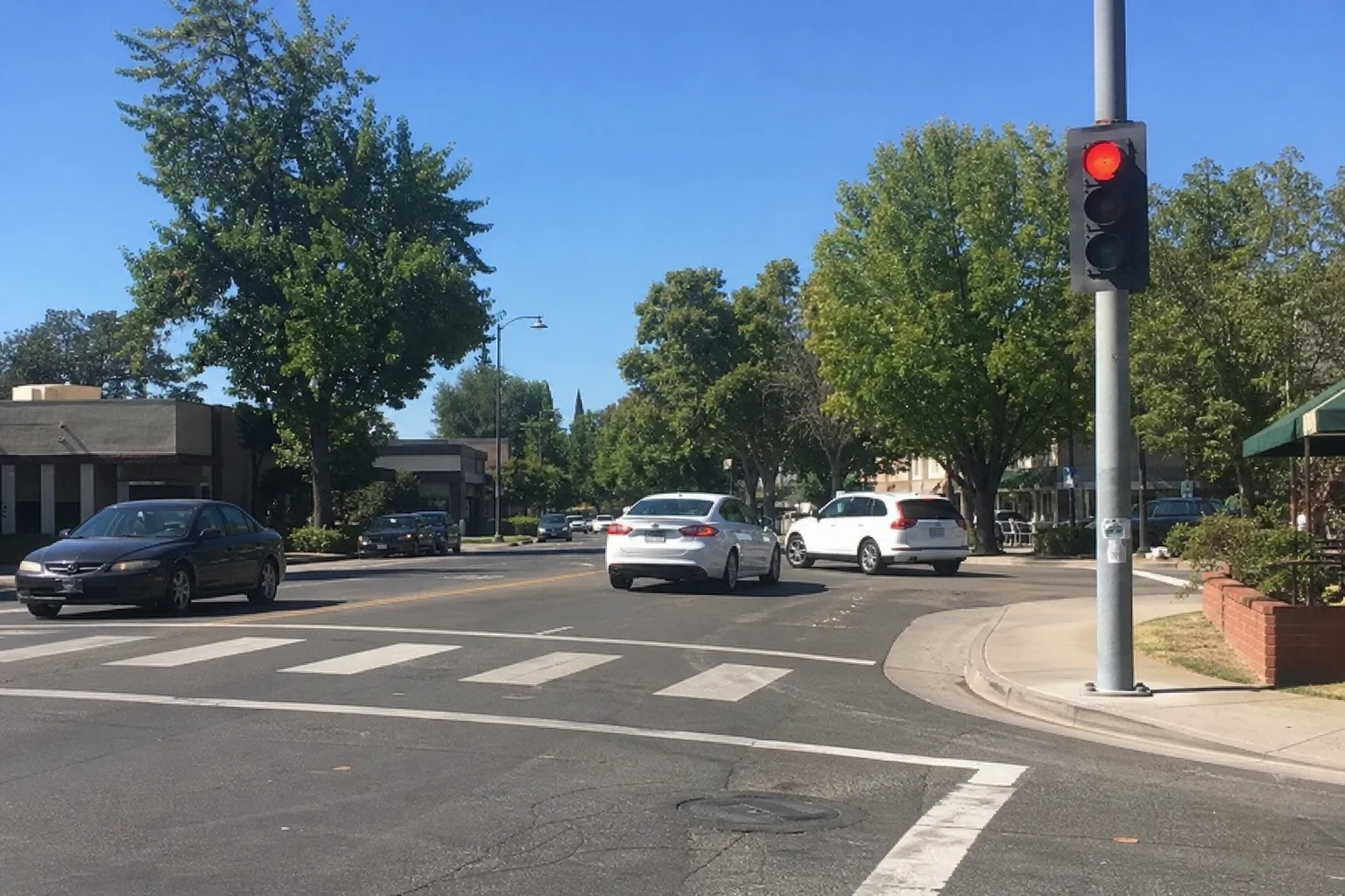 Tree-lined intersection with a red traffic light, crosswalk, and cars passing low commercial buildings on a sunny day